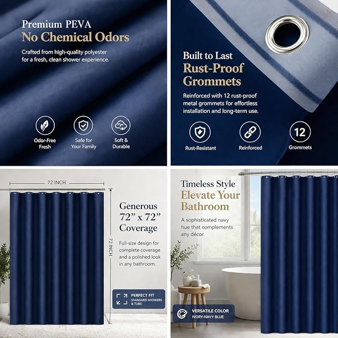 EHZNZIE Navy Blue Shower Curtain Liner 72x72, PEVA Waterproof Bath Curtain, No Chemical Smell, 3 Weighted Magnets, Durable with Rustproof Metal Grommets