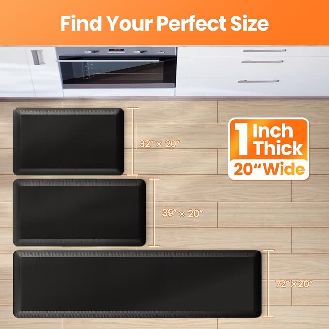 Kitchen Mats for Floor, 1 Inch Extra-Thick Kitchen Rugs, Non-Slip & Waterproof Standing Desk Mat, Comfort Anti Fatigue Mats for Kitchen Floor, Home, Sink, Office (20" X 32", Black)