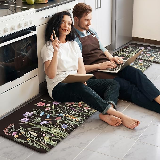 KIMODE Kitchen Mats Cushioned Anti Fatigue, Black Farmhouse Kitchen Rugs Sets of 2, Padded Kitchen Floor Mats, Non Slip Standing Mat for Sink, Laundry, Office, Desk 17"x59"+17"x29"