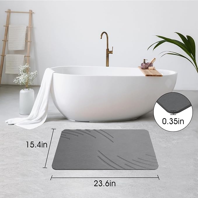 ZIKIBL Stone Bath Mat Diatomaceous Earth Shower Mat Non-Slip Super Absorbent Diatomite Stone Mats for Bathroom Floor/Ktichen Cuonter Quick-Drying Easy to Clean (24''*16'' Grey-Feather)