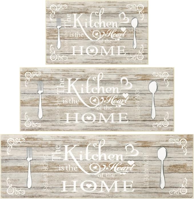 Vaukki Boho Kitchen Rug Sets 3 Pieces, Washable Kitchen Mats for Floor, Non Slip Soft Kitchen Area Rug Floor Mat for Kitchen, Laundry Room and Hallway (Light Brown, 20''x32''+20''x47''+20''x59'')