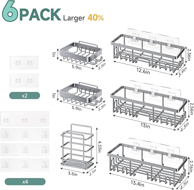Veken Shower Caddy 6-Pack, No Drilling & Rustproof, Waterproof Adhesive Shelves Rack with Soap Holder, Large Capacity Bathroom Organizers and Storage, Wall-Mounted Kitchen & Home Decor, Silver Gray