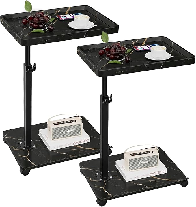 C Table End Table Adjustable Height, 360°Swivel TV Tray Table for Small Spaces, Couch Tables That slide under, C Shaped Side Tables living room and bedroom for Sofa, Bed,Chair, Snack (2, Black)