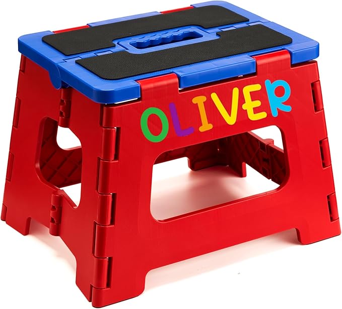 Delxo 9 Inch Folding Step Stool for Kids - Includes 3 Alphabet Letter Stickers & 2 Non-Slip Grip Pads, Sturdy Foldable Foot Stool for Toddlers, Kitchen, Bathroom & Bedroom (Red+Blue)