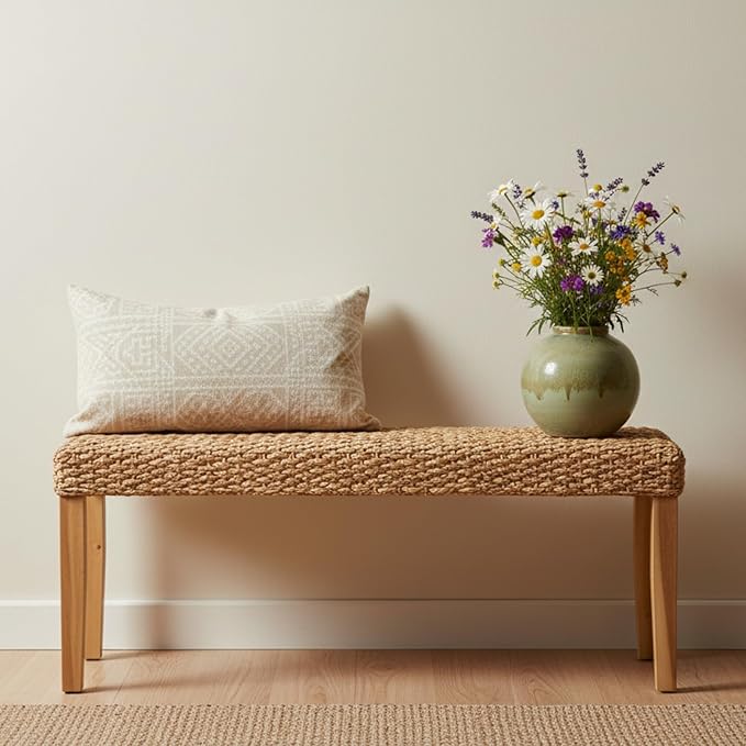 Indoor Bench Wicker for Entryway Bench, Wood Bench for Living Room Dining Bench or End of Bed Bench, 47" Boho Bench with Solid Wood Acacia & Natural Woven Seat, Rustic Farmhouse Rattan Hallway Bench