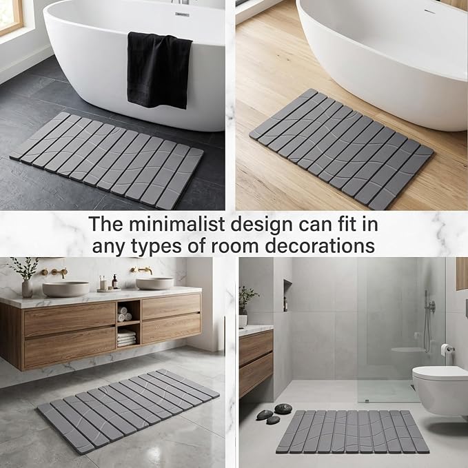 Foldable Stone Bath Mat, Non Slip Large Diatomaceous Shower Mat, Super Absorbent Quick Drying Stone Mat for Bathroom Kitchen Floor Counter Sink,Easy to Clean & Store (32" x 16" Dark Gray)
