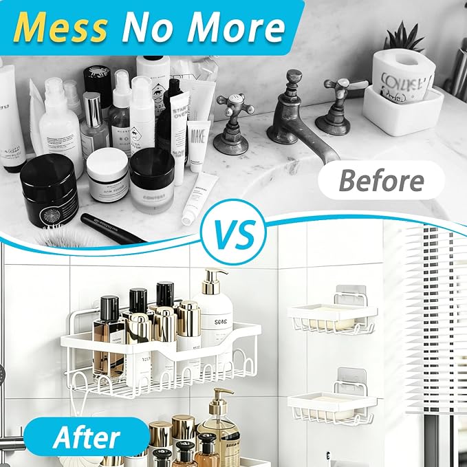 Fammart Adhesive Shower Caddy, 5-Pack Rustproof Stainless Steel Bathroom Organizer with 28 Hooks, No-Drill Large Capacity Shower Shelves for Bathroom Storage & Home Décor, White