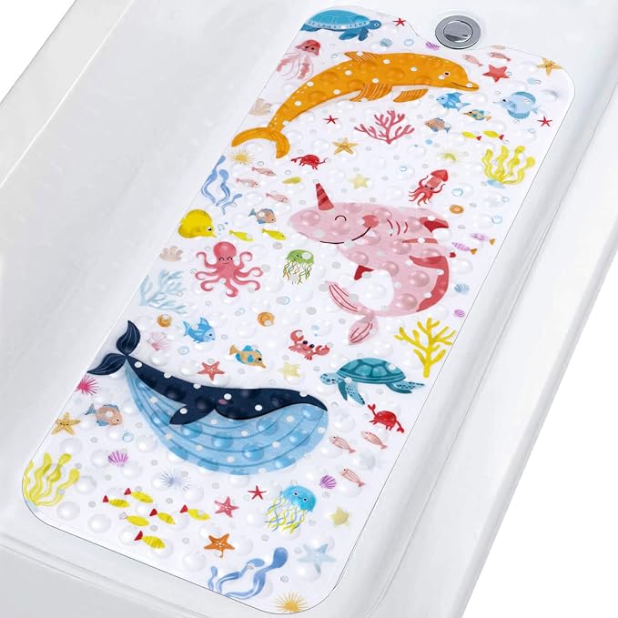 Topotdor Baby Bath Mat for Tub for Kids, 40 X 16 Inch Extra Long Toddler Bathtub Mat Non Slip, Machine Washable Bathroom Shower Floor Mat with Suction Cups & Drain Holes, Sea Animal