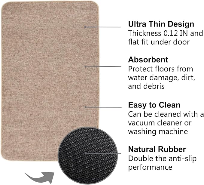 Indoor Door Mat, 1/10 in Ultra Thin Door Mat, Non-Slip Natural Rubber Backing Inside Doormat, Washable, Low-Profile Entrayway Mats, Durable Dirt Trapper for Various Entrance, 35''X28'', Khaki