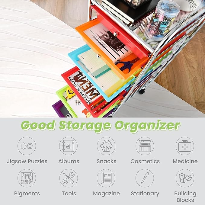 10-Drawer Rolling Storage Cart, Trolley w/Lockable 360° Wheels, 10 Removable PP Drawers, Sturdy Metal Frame, Rolling Utility Cart Perfect for Home, Office, Classroom (Multi-Colored)