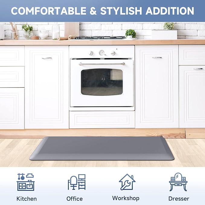 StepRite 4/5 Inch Thick Kitchen Mat Anti Fatigue Mat Kitchen Rugs Kitchen Decor Non-Slip, Stain & Water Resistant, Kitchen Mats Desk Mat for Kitchen, Office, Workshop, Grey, 17'' x 39''