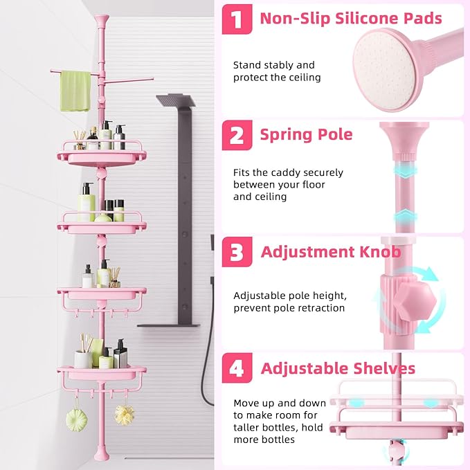 XLHOMO 32-122inch Corner Shower Caddy Tension Pole Pink, Rustproof Drill-Free Shower Shelves for Bathroom Bathtub Washbasin, Adjustable Shower Organizer with 4 Tier Patent Stable Shelves & Towel Bars