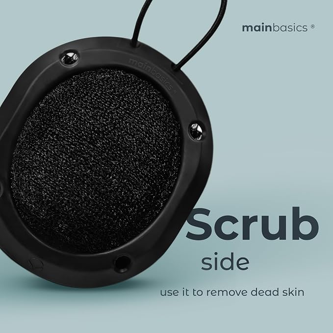MainBasics Shower Tool Duo 2-1 Shower Loofah Sponge and Exfoliating Body Scrubber (2 Pack, Black)