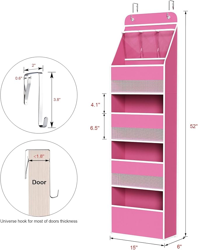 Univivi 5-Shelf Fabric Door Storage Over Door Hanging Organizer with 4 Large Pockets and 3 Small PVC Pockets Nursery Closet Cabinet Wall Mount Hanging Storage Organizers for Baby Nursery (Pink)