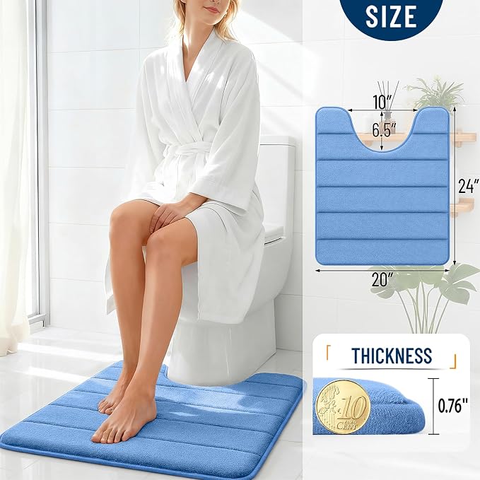 OLANLY Memory Foam Toilet Rugs U Shaped 24x20, Super Soft Absorbent Contour Bath Rugs, Quick Dry, Machine Washable Toilet Mat, Bathmat Carpet, Bathroom Home Decor Accessories, Cornflower Blue