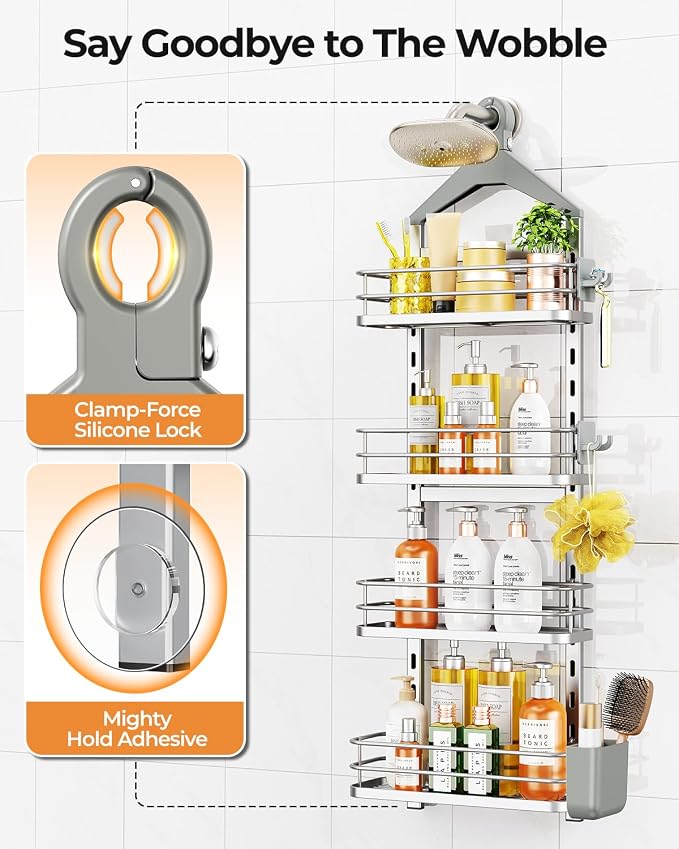 ODesign 4 Tier Height-Adjustable Shower Caddy Hanging Anti-Swing-Over The Shower Head Caddy- Storage Organizer Bathroom Shelves Basket Caddies-Silver