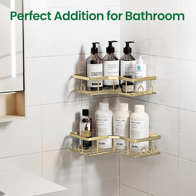 Adhesive Shower Caddy, 6 Pack Corner Bath Organizer, Rustproof Stainless Steel Shower Shelves with Large Capacity, No Drilling Shelves for Bathroom Storage, Home, Kitchen Décor(Gold)