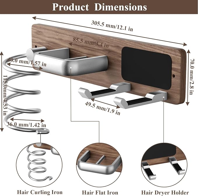 Tindbea Hair Dryer Holder Wall Mount Aluminum Alloy Hot Tools Organizer | Walnut Wood Silver