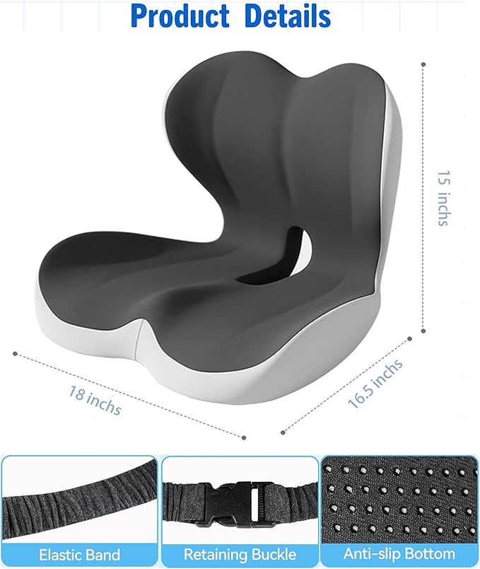 Seat Cushion for Long Sitting Office Worker, Memory Foam Chair Cushion for Car, Truck & Office Seat L-Shaped Ergonomic Design(Black Gray)