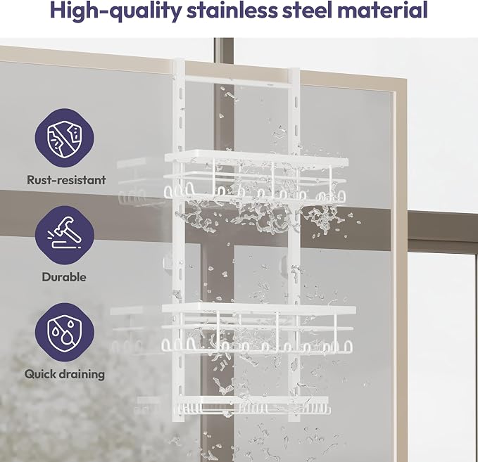 SWTYMIKI Over The Door Shower Caddy - 3 Tier Rustproof Hanging Shower Organizer with Adjustable Shelves, 28 Hooks & Soap Holder, Hanging Shower Rack Storage for Bathroom Accessories, White