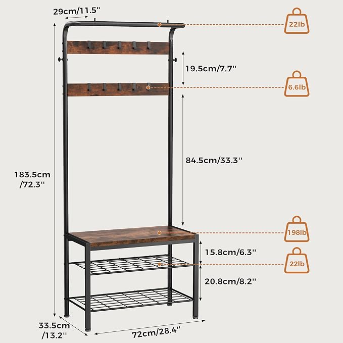 Hall Tree with Bench and Shoe Storage, 4-in-1 Entryway Organizer with 10 Hooks and Storage Shelf,Coat Rack Freestanding with 2-Tier Storage Shelf for Living Room, Deep Rustic