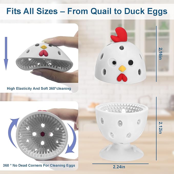 Egg Washer for Fresh Eggs, Egg Scrubber for Fresh Eggs, 2 Reusable Silicone Chicken Shaped Scrubs, Chicken Egg Cleaner, Eggshell Cleaner for Poultry Farm, Housewife Tools Vegetable Processing (White)