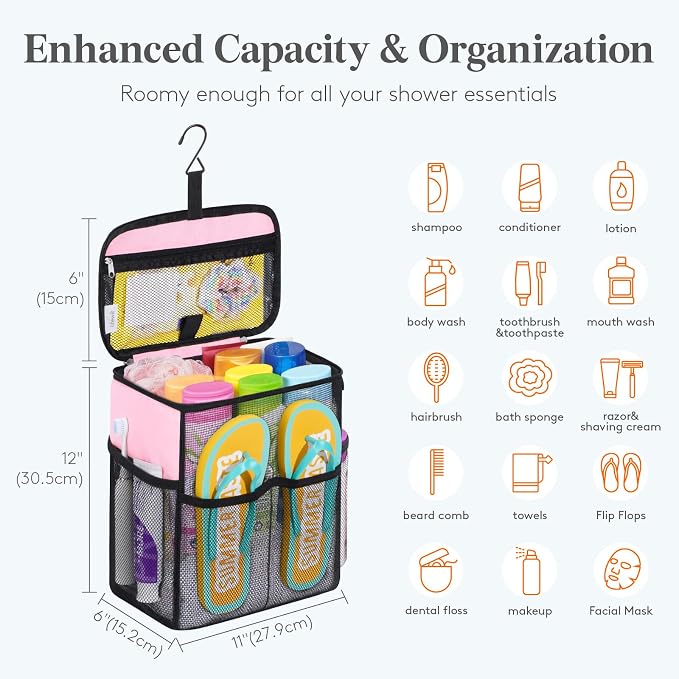Lifewit Shower Caddy Portable, Toiletry Bag with Handle and 3 Mesh Pockets, Quick Dry Hanging Organizer for Bathroom, Gym, Travel, Camping, College Dorm Room Essentials for Women Men, Pink