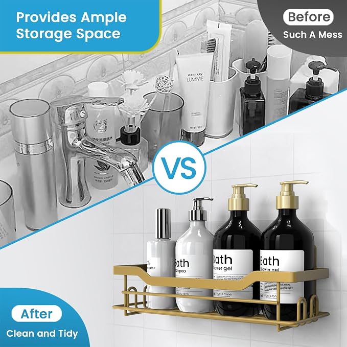 Shower Caddy Shelves Organizer Rack, Single Pack Shower Shelf, Caddies for Shampoo Soap Bathroom Waterproof Adhesive Holder, No Drilling Wall Mounted Self, Matte Gold
