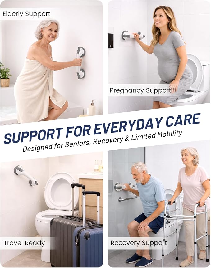 2 Pack Suction Grab Bars for Bathtubs and Showers, Gel-Enhanced Heavy Duty Stable Grip Safety Bars for Seniors and Elderly, No Drilling Removable Bathroom Handles for Tub and Shower Support
