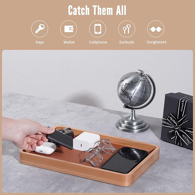 ProCase Wooden Valet Tray for Men, Wood Catch-All EDC Organizer, Fathers Day Gift, Nightstand Entryway Bedside Dump Holder for Wallets, Keys, Watches, Phones, Loose Change, Trinkets -LightBrown