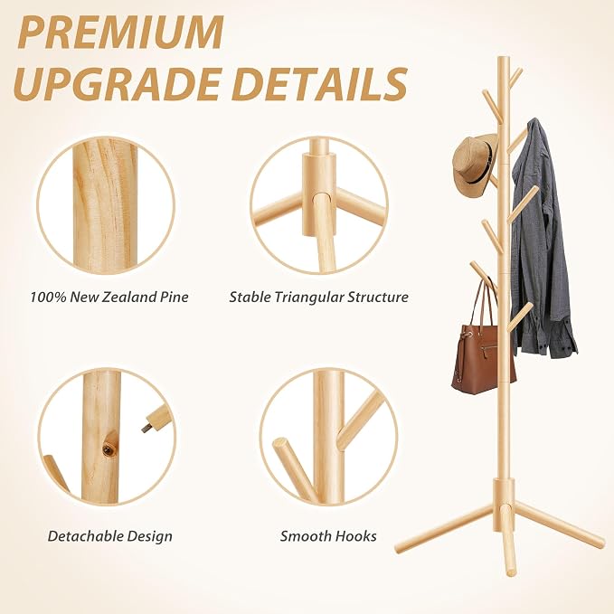 Unisakey Durable Wooden Coat Rack, Freestanding Coat Rack with Stable Triangular Base, 8 Hooks & 3 Adjustable Heights, Simple Assembly for Bedroom, Hallway, Office(New Nature)