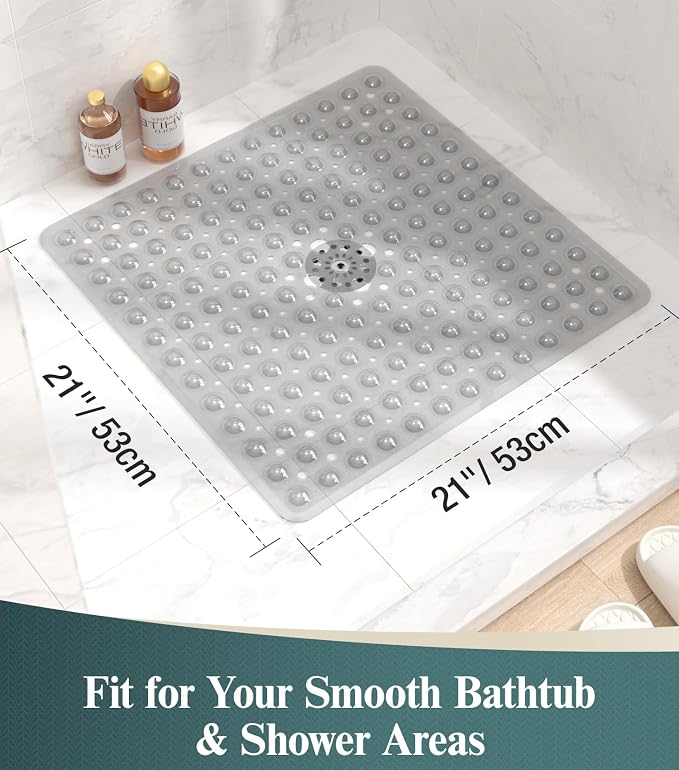 HITSLAM 21x21 Inch Square Shower Mat Non Slip, Anti Slip Bathtub Mat with Strong Suction Cups & Drainage Holes, Machine Washable Bathroom Floor Mat for Inside Shower Stall and Tub, Grey
