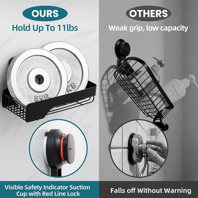 TAILI Shower Caddy Suction Cup 2 Pack With Visible Safety Indicator, Stainless Steel Rustproof Shower Shelves, No Drilling Wall Mounted Basket, Upgraded Removable Suction Cup Bathroom,Black Organizers