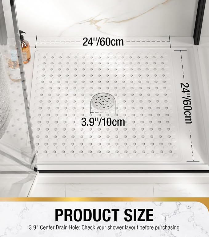 HITSLAM Non Slip Shower Stall Mat with Center Drain Hole, Diamond Textured PVC Bath Mat for Inside Shower, Machine Washable, Strong Suction Cups for Bathroom Bathtub Mat, 24x24 Inch, White