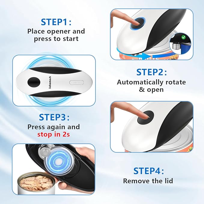 SAKAMOSH Rechargeable Can Opener Electric for Seniors, Hands Free Electric Can Opener with Smooth Edge for Kitchen, One Touch Automatic Opener Fits Most Cans