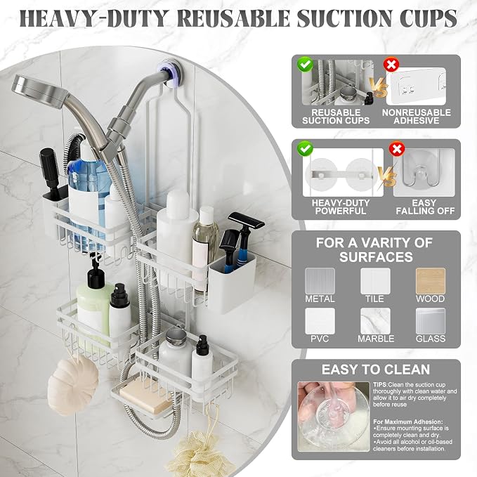 Shower Caddy Hanging for Bathroom Organizers and Storage - 3-Tier Adjustable Anti-Swing Shower Organizer Hanging with Heavy-Duty Suction Cups, Damage-Free Rustproof (White)