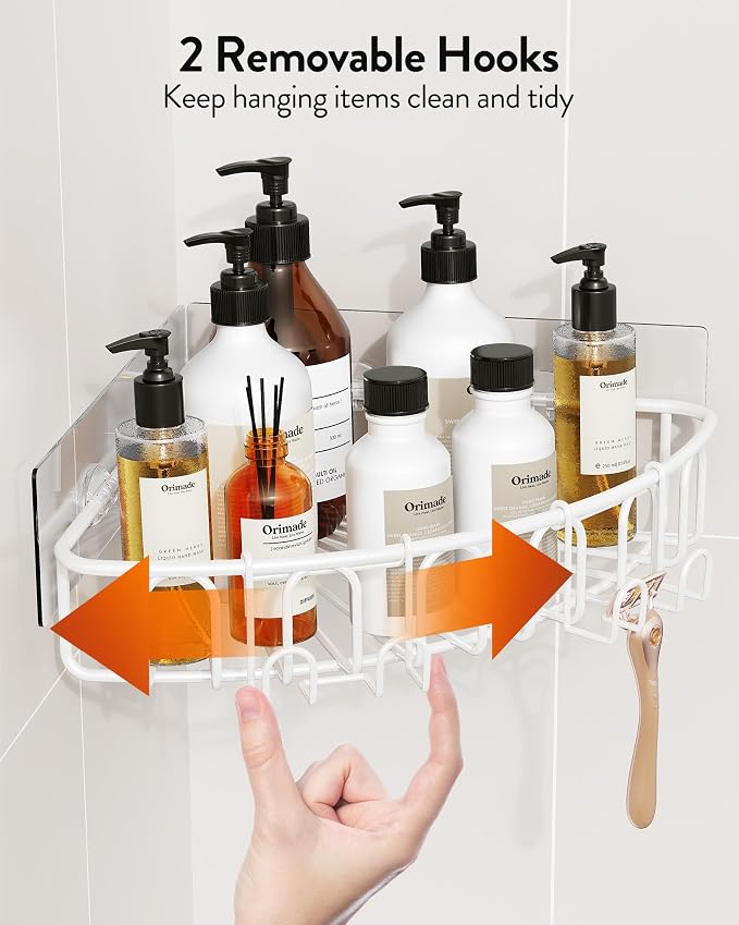 Orimade Corner Shower Caddy with 2 Hooks Wall Mounted Metal Bathroom Shelf Storage Organizer Adhesive No Drilling 2 Pack, White Only for 90-Degree Corner
