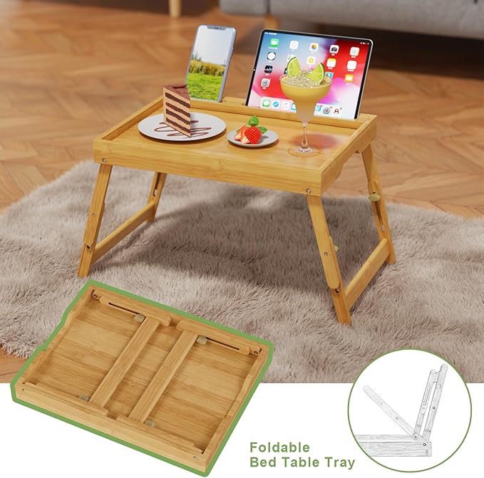 Artmeer Bed Tray Table with Folding Legs, Bamboo Breakfast Food Tray with Media Slot, Use As Platter, Laptop Desk, Snack, TV Tray Kitchen Serving Tray (Bamboo Large Adjustable Legs)