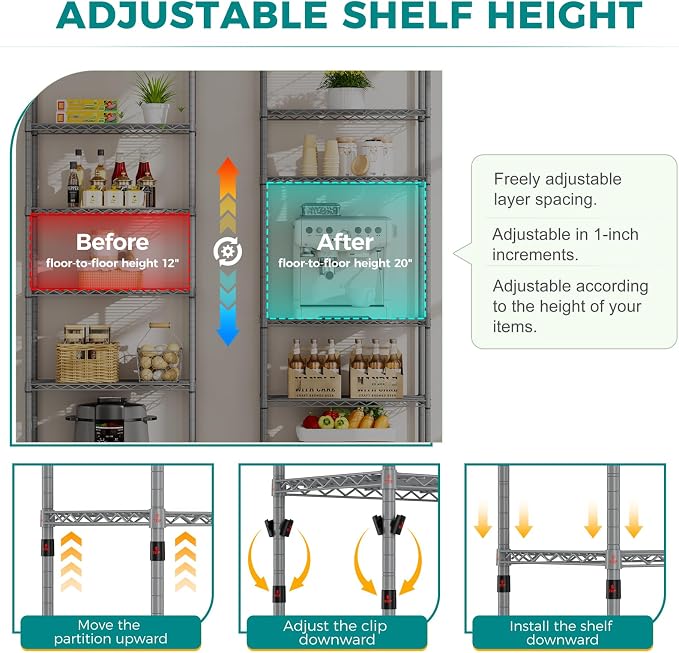 SINGAYE Shelf Wire Shelving Adjustable Storage Shelves Rack Standing Units for Kitchen Closet Laundry Bathroom Organizers Metal Pantry Narrow Mesh Gaps 14" D x 24" W x 72" H Grey