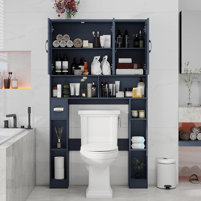 Over The Toilet Storage Cabinet, Farmhouse Toilet Cabinet Rack with 3 Barn Doors, Space Saving Bathroom Organizer with Shelves, Toilet Paper Holder and Towel Rack for Bathroom,Restroom,Laundry,Blue
