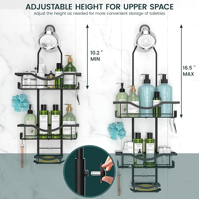 Shower Caddy Hanging Adjustable Shower Caddy, Rustproof Shower Organizer Extended Length Shower Caddies Over Shower Head with Hooks Soap Holder, Large Capacity Anti-Swing Bathroom Storage, Black