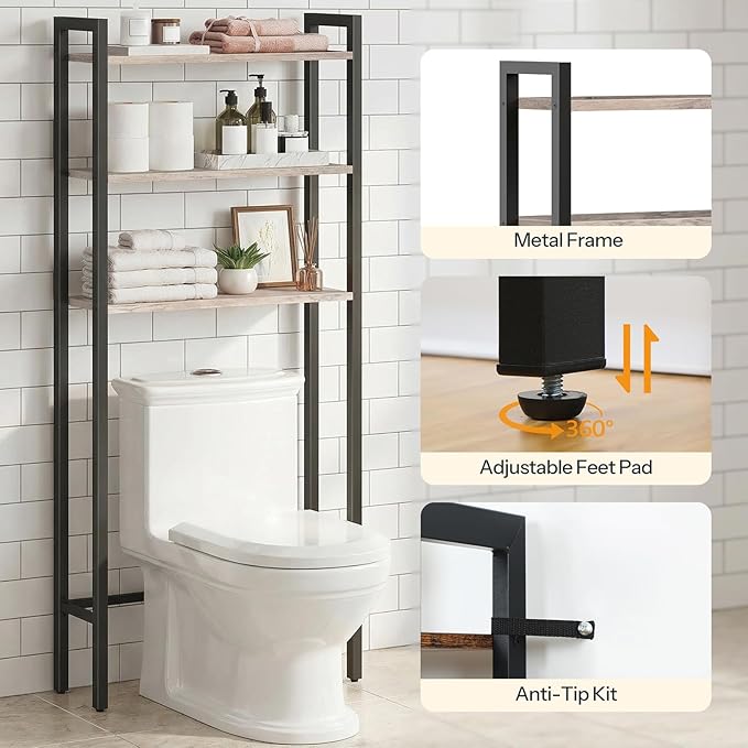 HOOBRO Over The Toilet Storage, 3-Tier Bathroom Organizer Shelf Over Toilet, Freestanding Bathroom Storage Shelves, Space Saver, Easy to Assemble for Room, Greige and Black BG41TS01