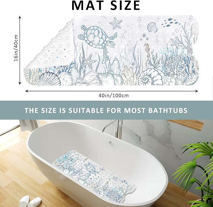 Sea Turtle Bathtub Mat Non Slip, Cute Baby Bath Mat for Tub Rubber Tub Mat, Kids Bath Mats for Bathroom Undersea Anti Slip Shower Mat with Suction and Drain Holes Machine Washable, 40″X16″