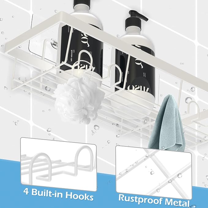 Durmmur 2 Pack Adhesive White Shower Caddy Organizer with Hooks, Rustproof No Drilling Wall Mounted Storage Shelf Rack for Inside Shower/Bathroom/Kitchen