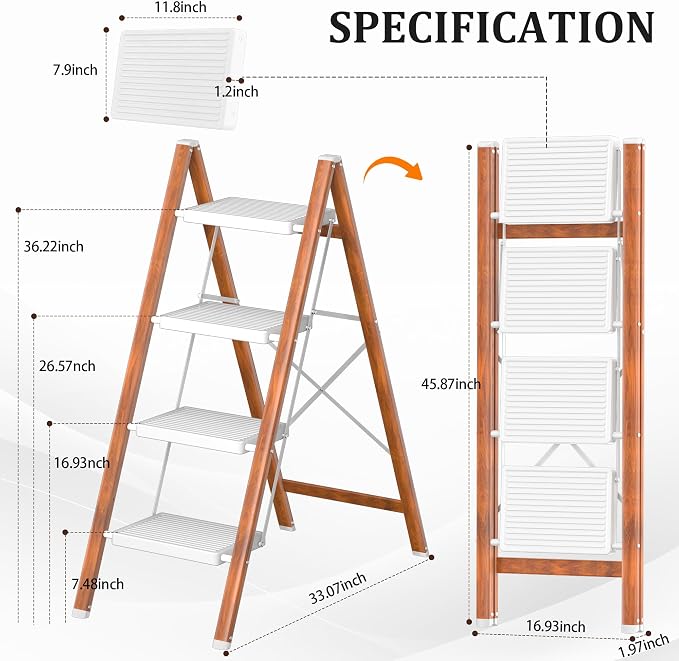 DIAMONDFORGE 4 Step Ladder, Lightweight Folding Step with Wide Anti-Slip Pedal & Feet, 330 lbs Capacity,Sturdy Steel Step Ladder for Home,Office and Library,Light Woodgrain