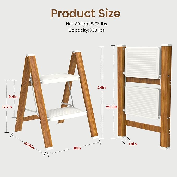HBTower Step Ladder,Lightweight Aluminum Folding Step Stool with Anti-Slip Wide Pedal,330lbs Capacity Step Ladder for Household,Kitchen,Office - WhiteWoodgrain