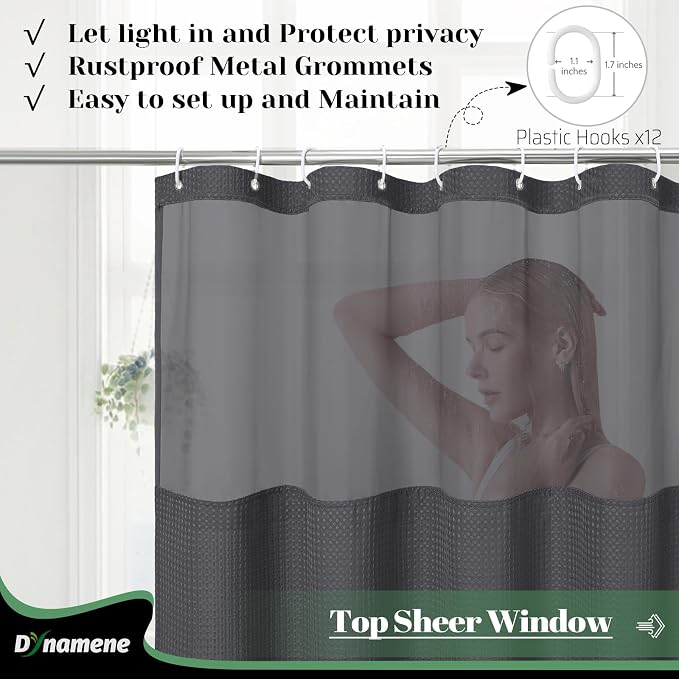 Dynamene Fabric Shower Curtain with Snap in Liner, Waffle Hotel Shower Curtains for Bathroom, Washable Waterproof Cloth Shower Curtain Liner Set with Hook, Mesh Top Window, 72x72, Charcoal Grey