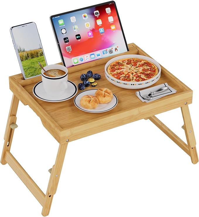 Artmeer Bed Tray Table with Folding Legs, Bamboo Breakfast Food Tray with Media Slot, Use As Platter, Laptop Desk, Snack, TV Tray Kitchen Serving Tray (Bamboo Large Adjustable Legs)
