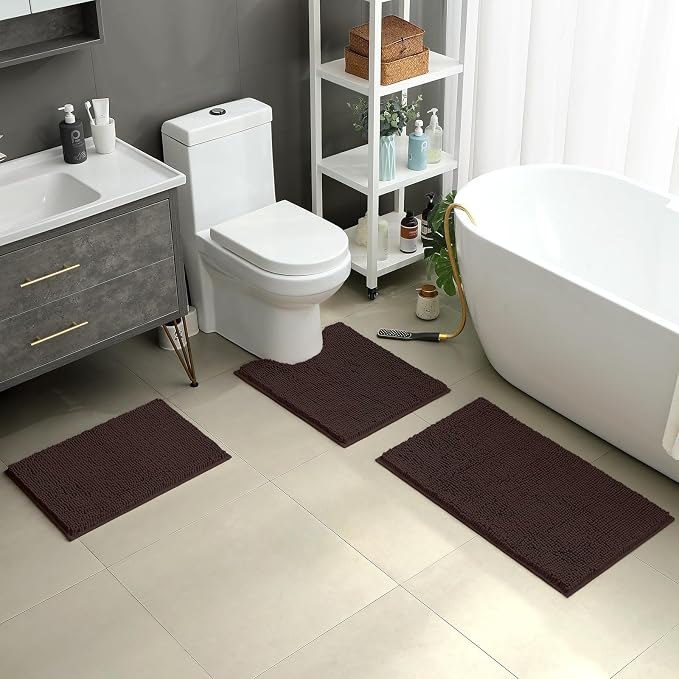HOMEIDEAS 3 Pieces Bathroom Rugs, Ultra Soft Non Slip Absorbent Chenille Toilet Bath Mat Set (Brown)