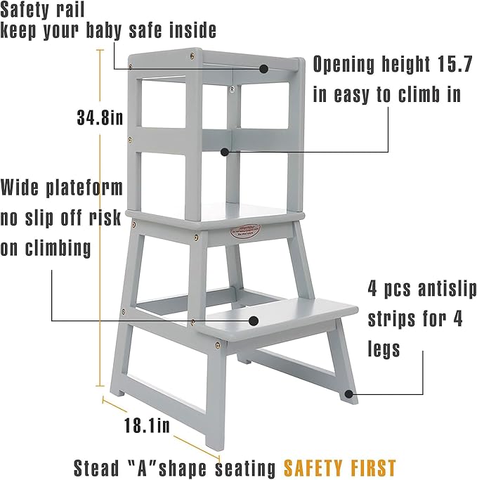 SDADI Kitchen Step Stool for Toddlers and Kids Ages 18 Months to 3 Years Old with Adjustable Height and Solid Wood Railings, Gray
